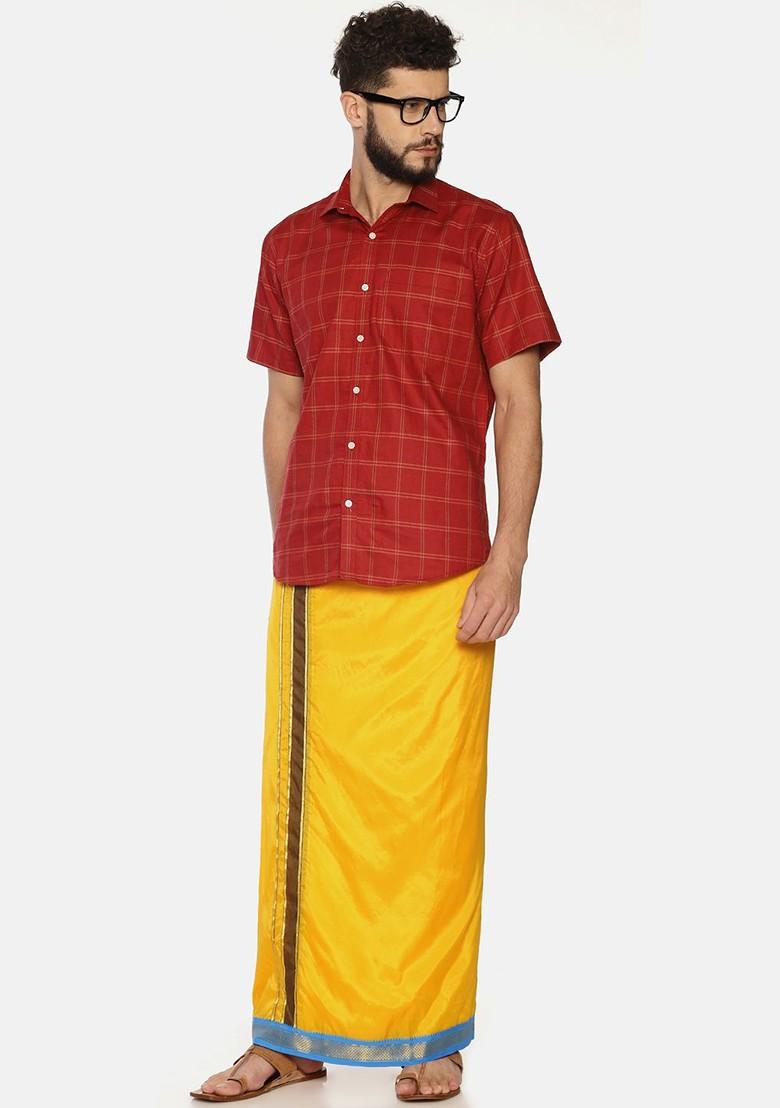 Yellow Solid Double Layer Dhoti For Men