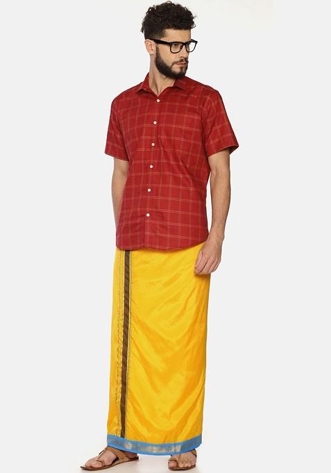 Yellow Solid Double Layer Dhoti For Men