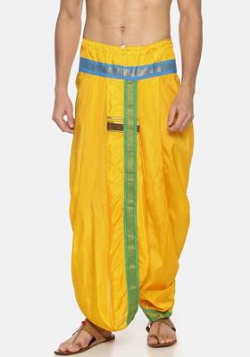 Yellow Solid Double Layer Dhoti Pant For Men