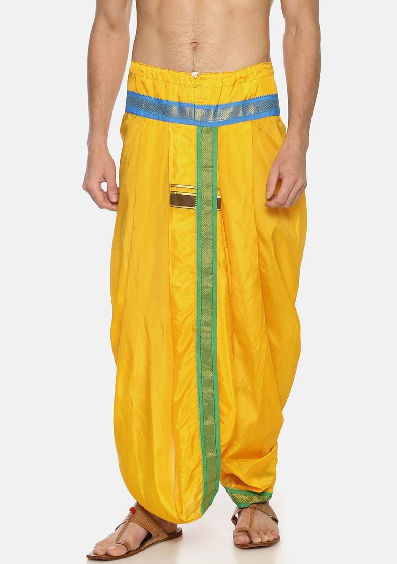 Yellow Solid Double Layer Dhoti Pant For Men