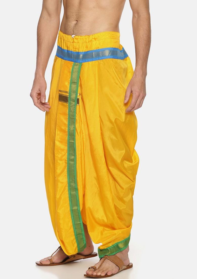 Yellow Solid Double Layer Dhoti Pant For Men