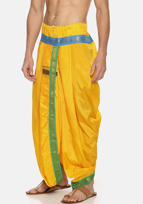 Yellow Solid Double Layer Dhoti Pant For Men