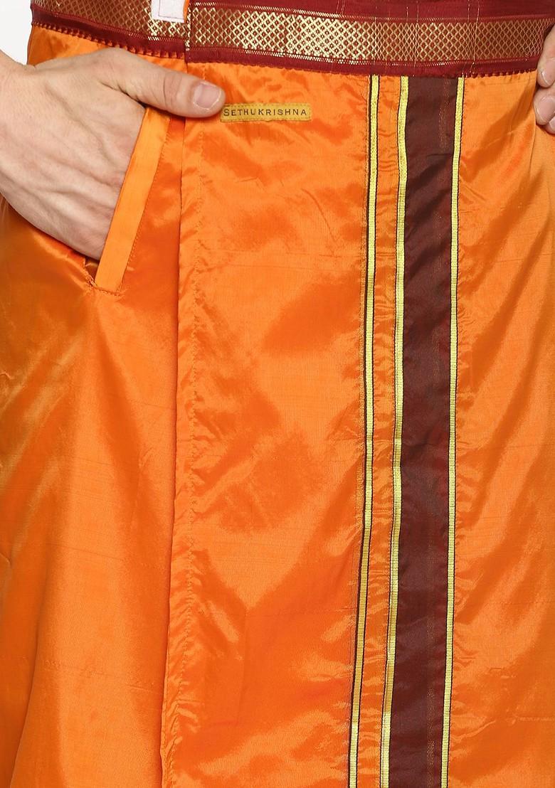 Orange Orange Solid Dhoti With Angavastram For Men