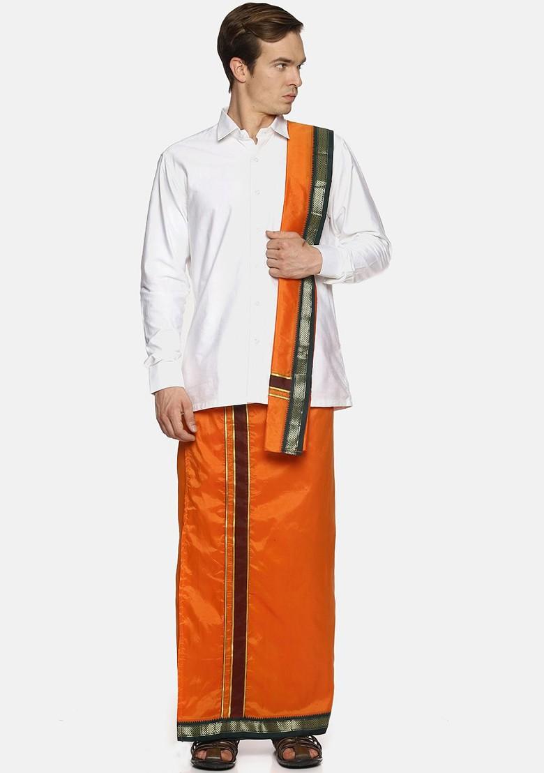 Orange Orange Solid Dhoti With Angavastram For Men