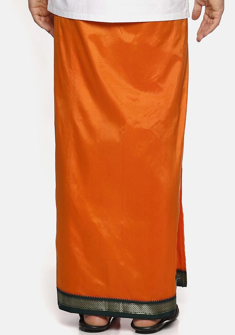 Orange Orange Solid Dhoti With Angavastram For Men