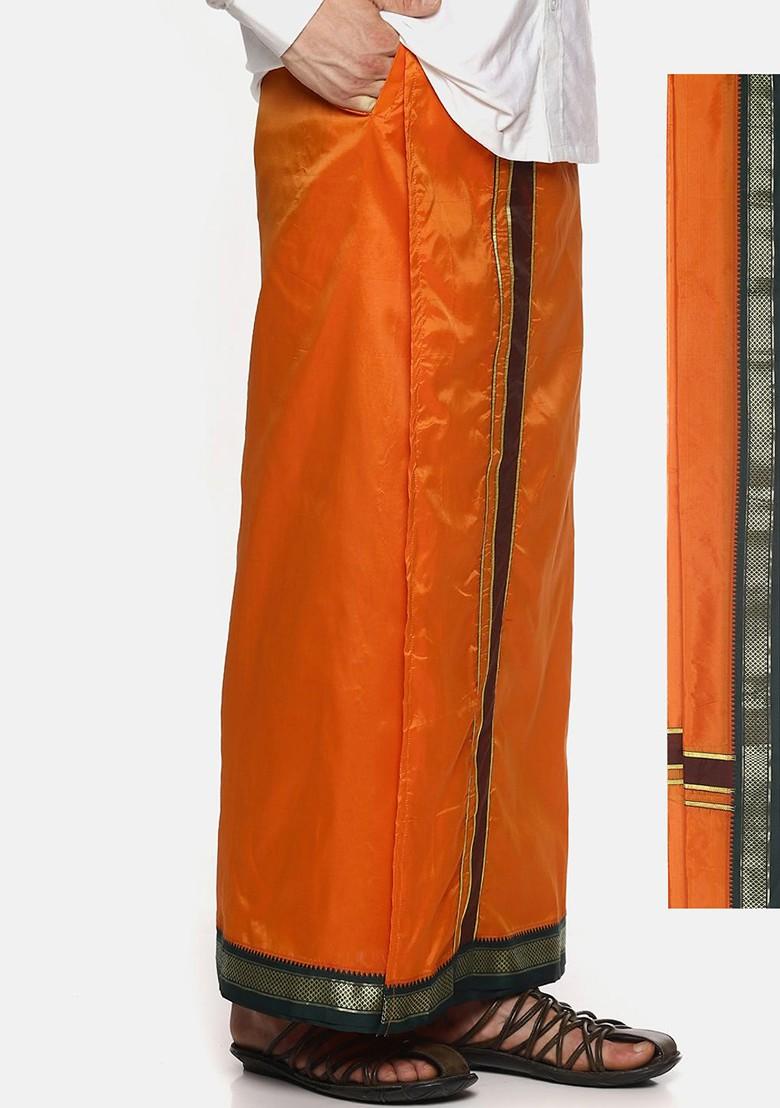 Orange Orange Solid Dhoti With Angavastram For Men