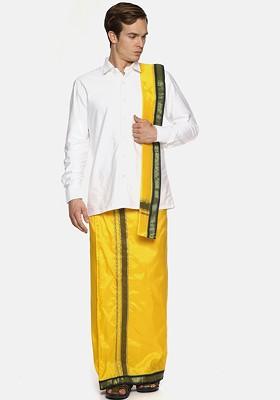 Mustard Mustard Yellow Solid Dhoti With Angavastram For Men