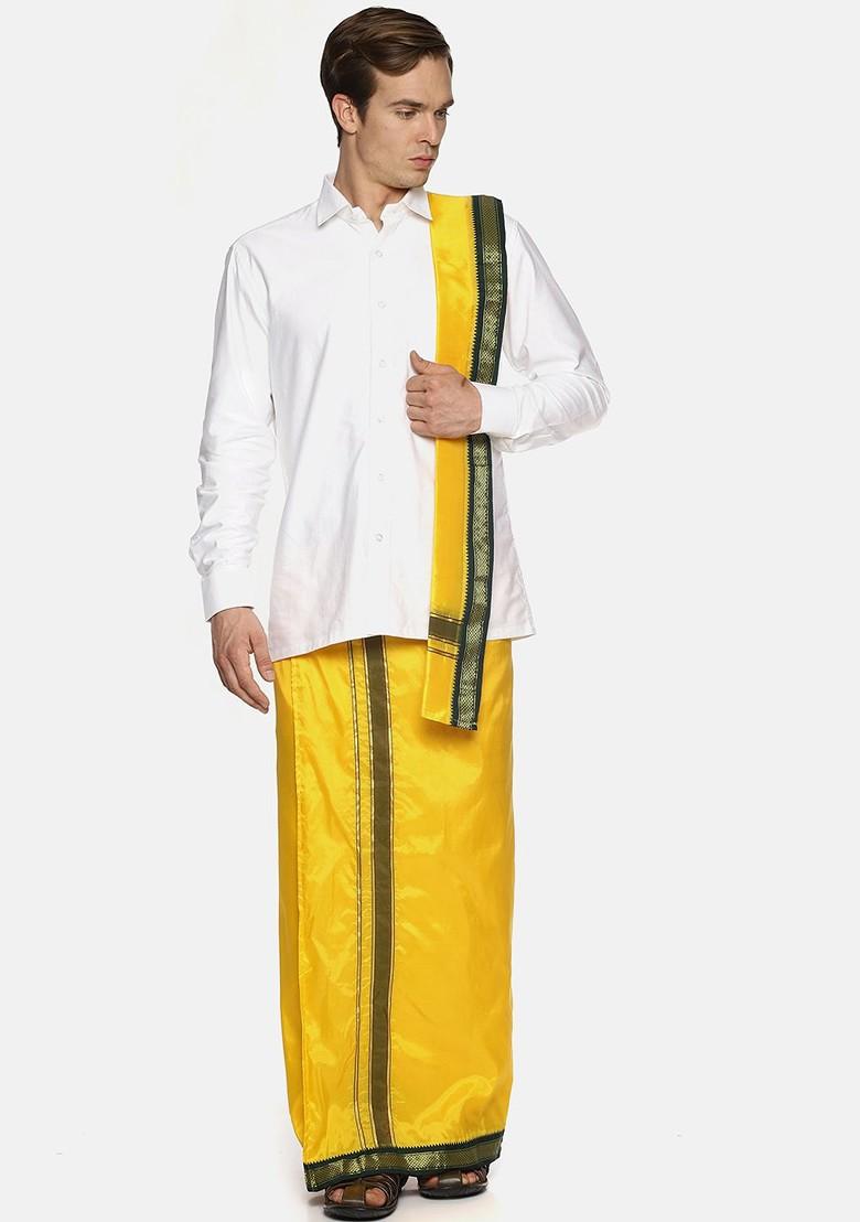 Mustard Mustard Yellow Solid Dhoti With Angavastram For Men