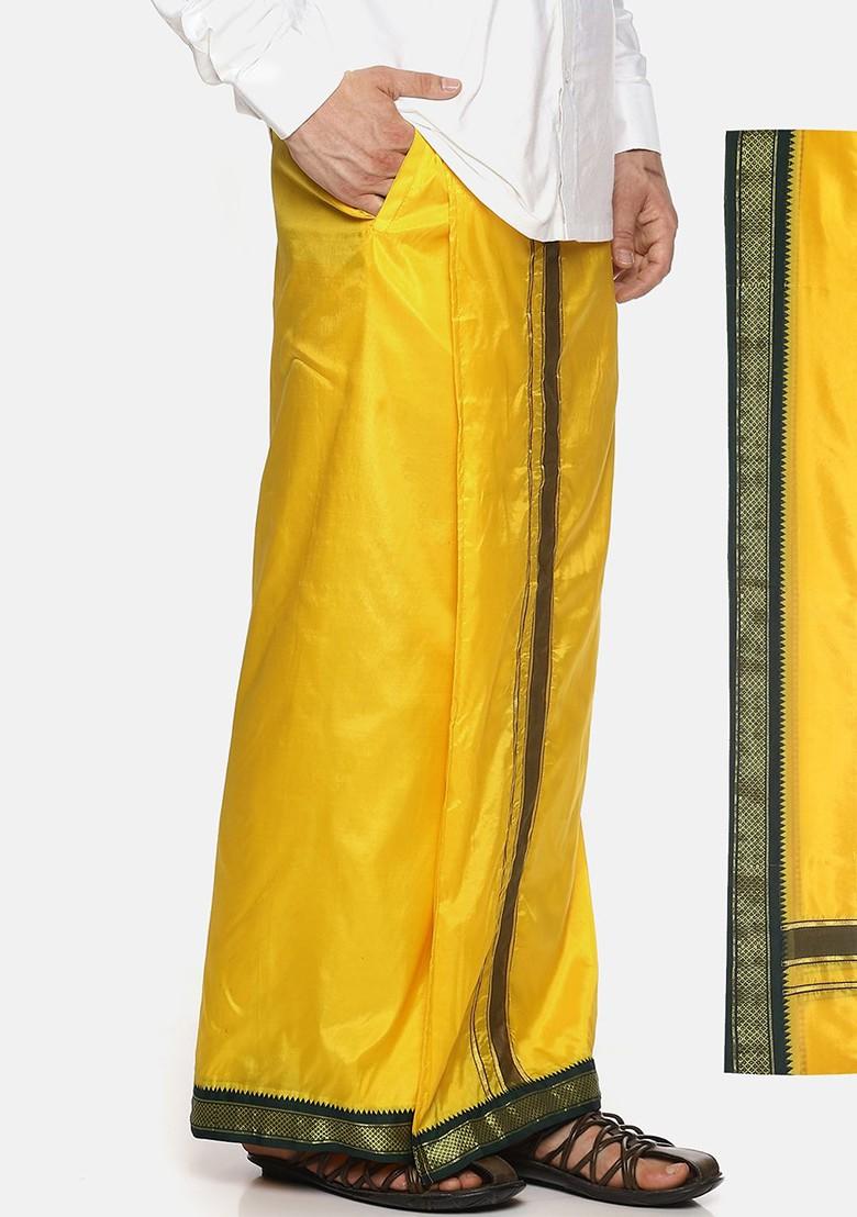 Mustard Mustard Yellow Solid Dhoti With Angavastram For Men