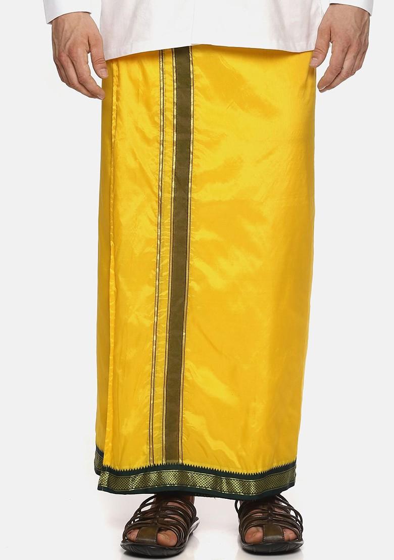 Mustard Mustard Yellow Solid Dhoti With Angavastram For Men
