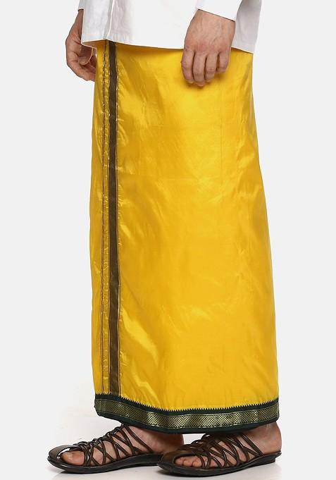 Mustard Mustard Yellow Solid Dhoti With Angavastram For Men