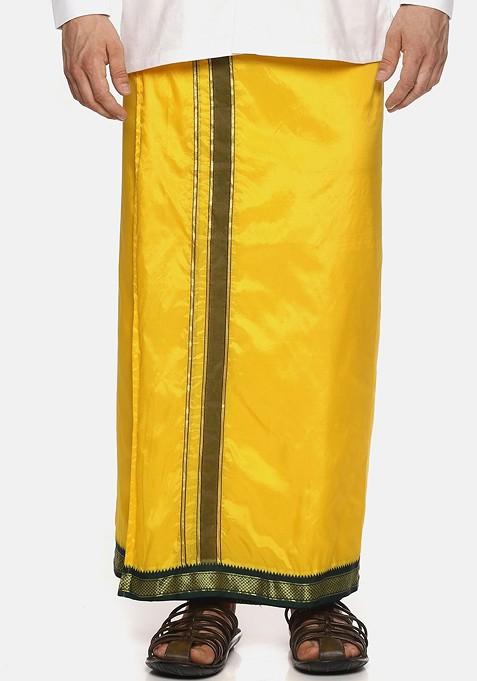 Mustard Mustard Yellow Solid Dhoti With Angavastram For Men
