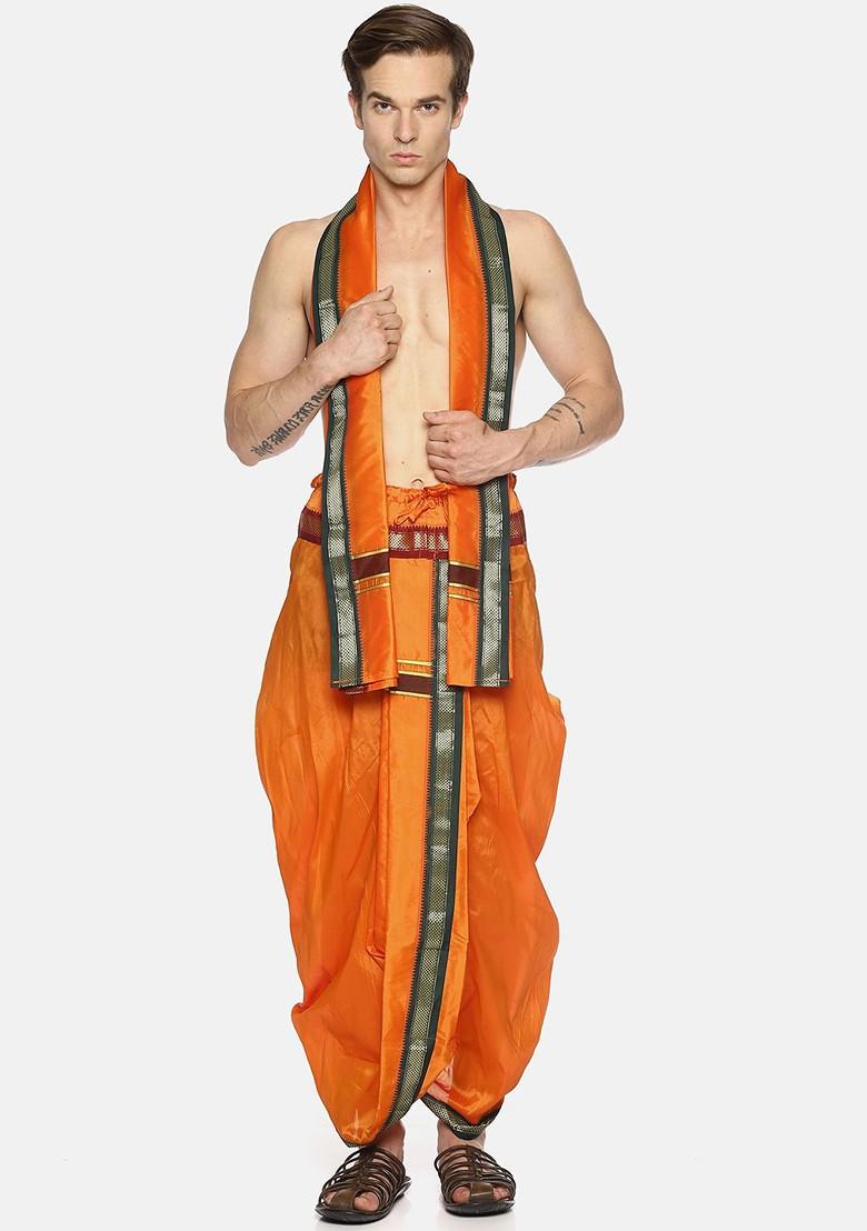 Orange Orange Solid Dhoti Pants With Angavastram For Men