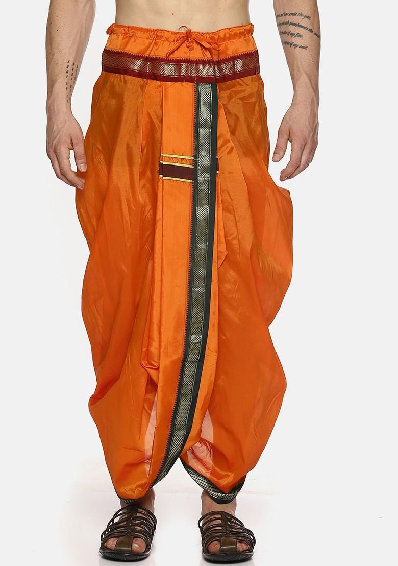Orange Orange Solid Dhoti Pants With Angavastram For Men