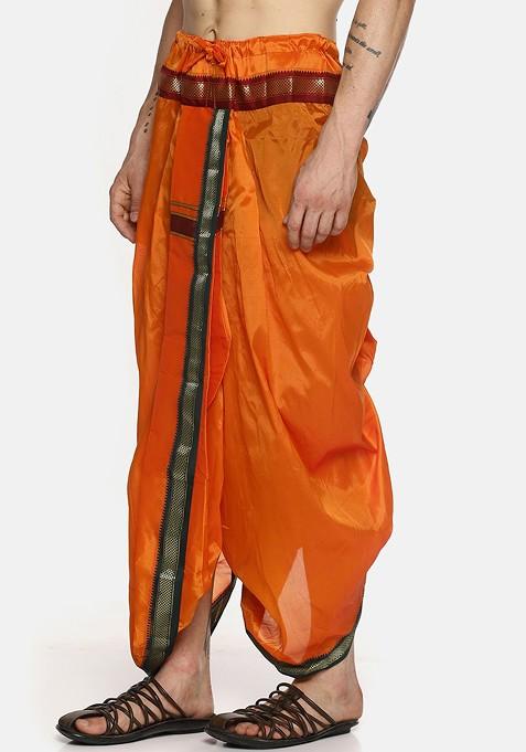 Orange Orange Solid Dhoti Pants With Angavastram For Men
