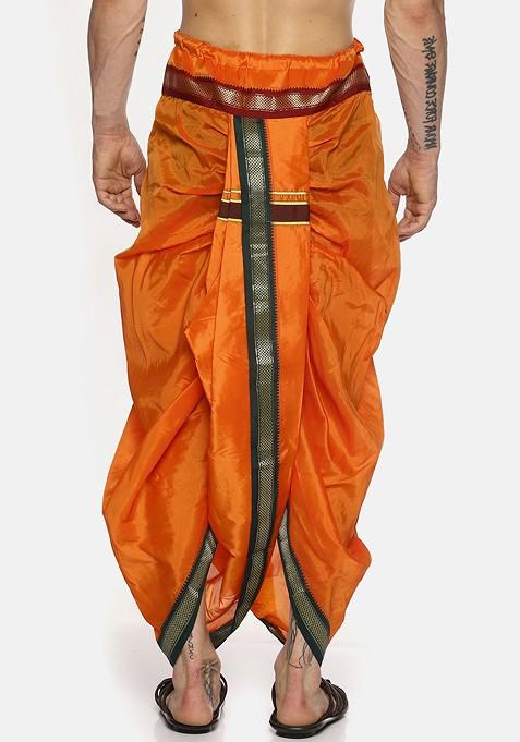 Orange Orange Solid Dhoti Pants With Angavastram For Men