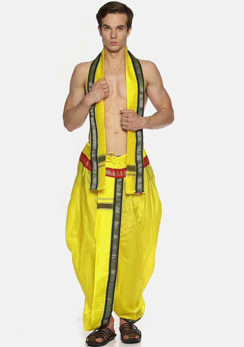 Yellow Solid Dhoti Pants With Angavastram For Men