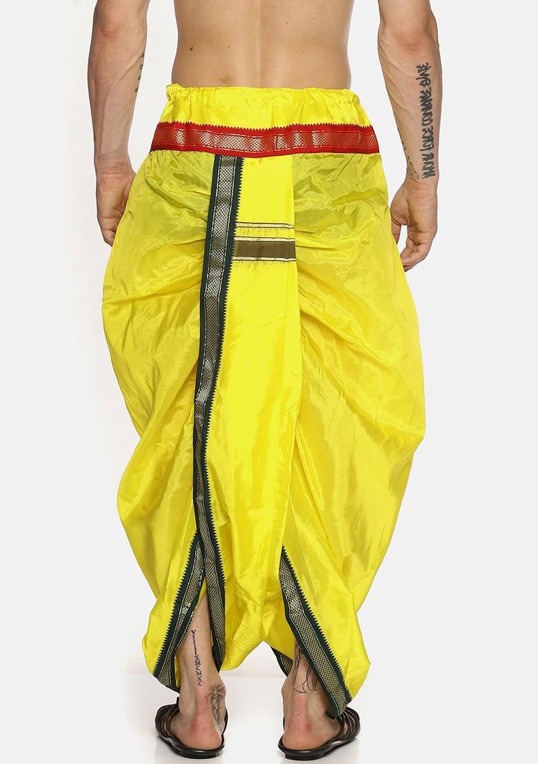 Yellow Solid Dhoti Pants With Angavastram For Men