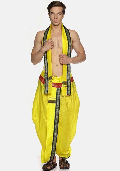 Yellow Solid Dhoti Pants With Angavastram For Men