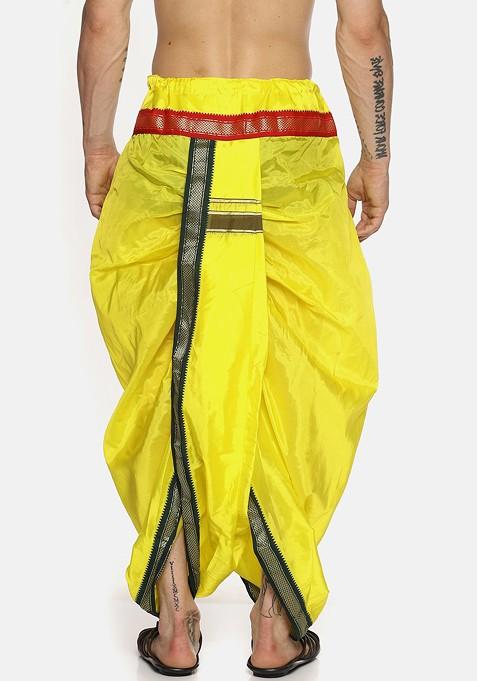 Yellow Solid Dhoti Pants With Angavastram For Men