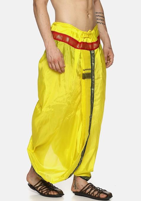 Yellow Solid Dhoti Pants With Angavastram For Men