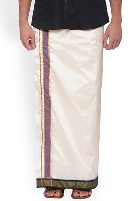 Cream Solid Pure Silk Double Layer Dhoti With Pocket For Men