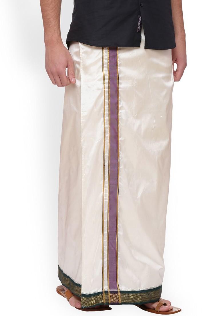 Cream Solid Pure Silk Double Layer Dhoti With Pocket For Men - Indya