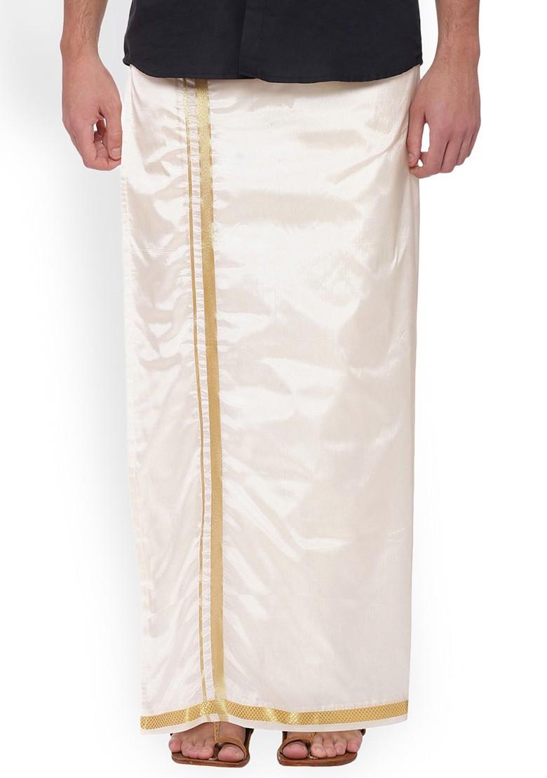 Cream Solid Double Layer Dhoti With Pocket For Men - Indya
