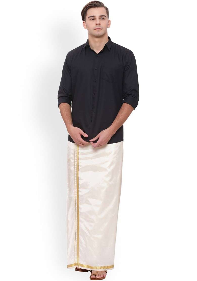 Cream Solid Double Layer Dhoti With Pocket For Men - Indya