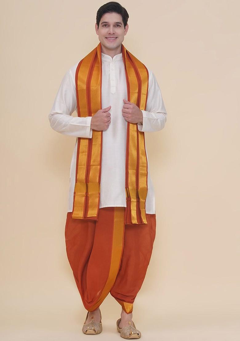 Brown Cotton Dhoti Pant With Angavastram For Men