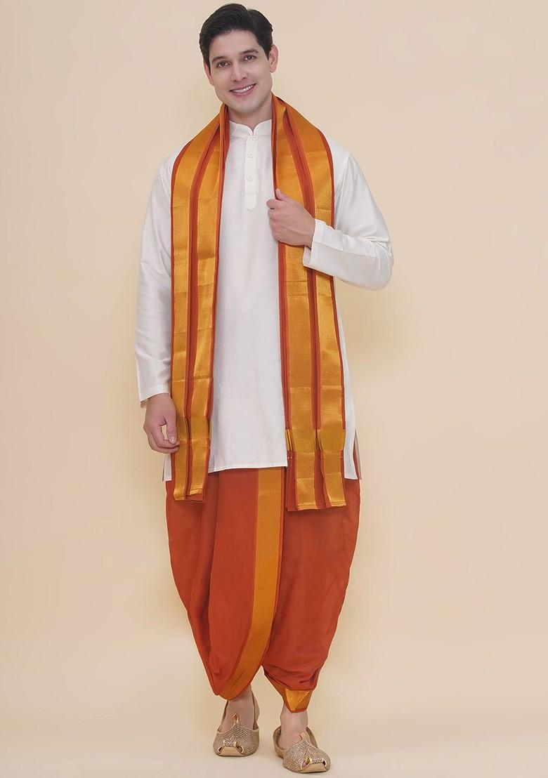 Brown Cotton Dhoti Pant With Angavastram For Men