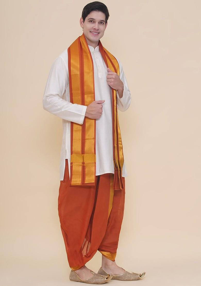 Brown Cotton Dhoti Pant With Angavastram For Men