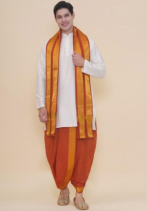 Brown Cotton Dhoti Pant With Angavastram For Men
