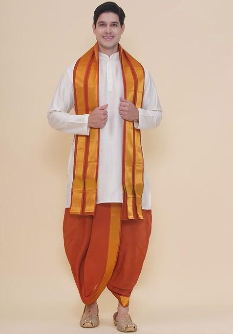 Brown Cotton Dhoti Pant With Angavastram For Men