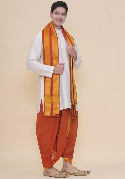 Brown Cotton Dhoti Pant With Angavastram For Men