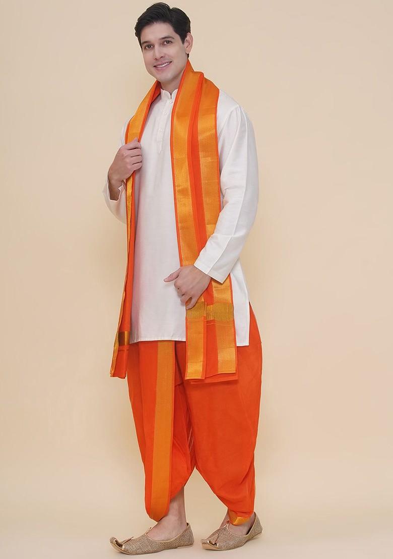 Orange Cotton Dhoti Pant With Angavastram For Men