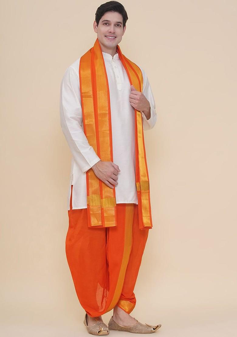 Orange Cotton Dhoti Pant With Angavastram For Men