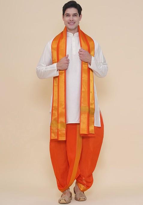 Orange Cotton Dhoti Pant With Angavastram For Men