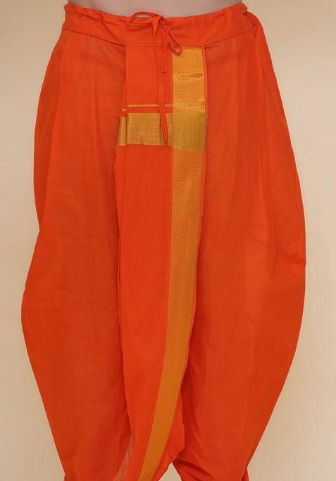 Orange Cotton Dhoti Pant With Angavastram For Men