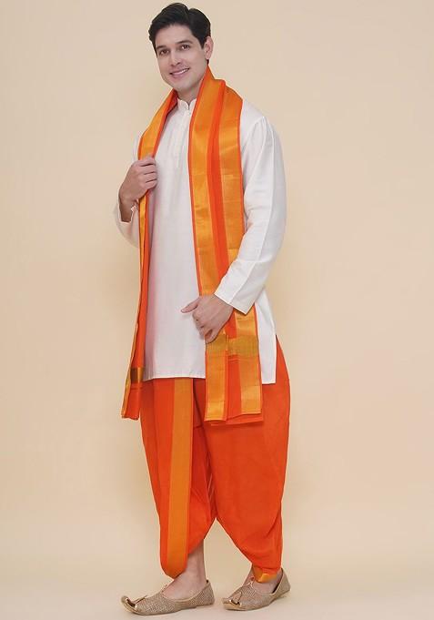 Orange Cotton Dhoti Pant With Angavastram For Men