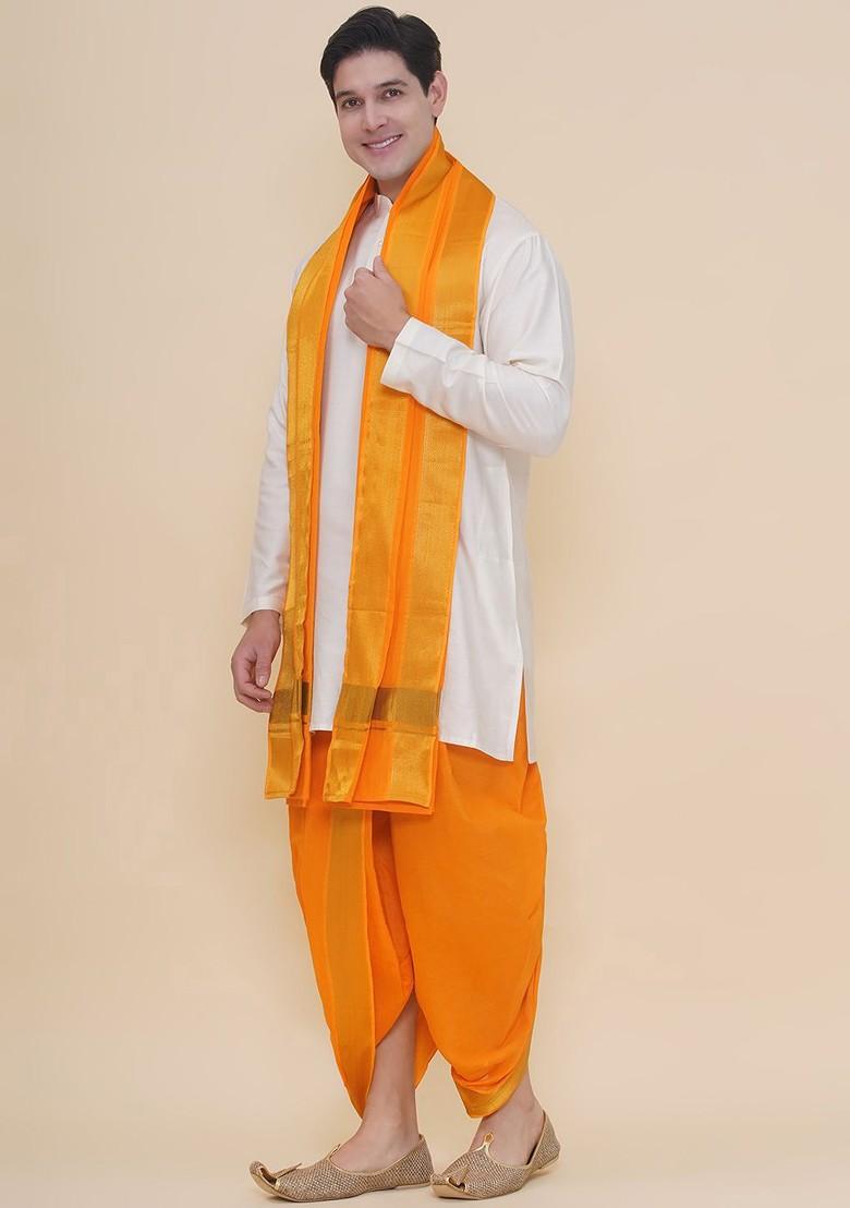 Yellow Cotton Dhoti Pant With Angavastram For Men