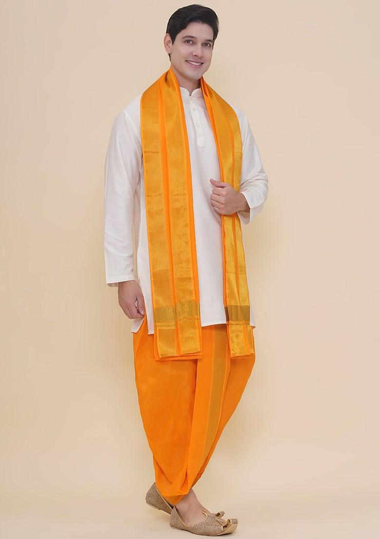 Yellow Cotton Dhoti Pant With Angavastram For Men