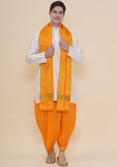 Yellow Cotton Dhoti Pant With Angavastram For Men
