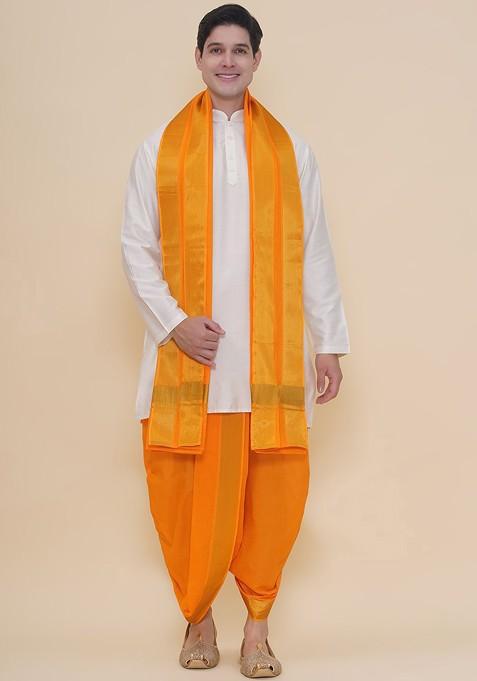 Yellow Cotton Dhoti Pant With Angavastram For Men