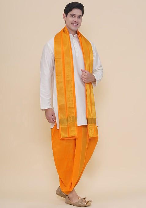 Yellow Cotton Dhoti Pant With Angavastram For Men