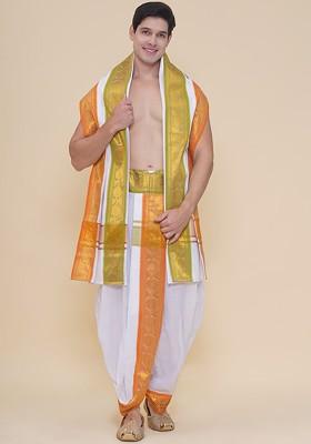 White Cotton Jacquard Border Dhoti For Men