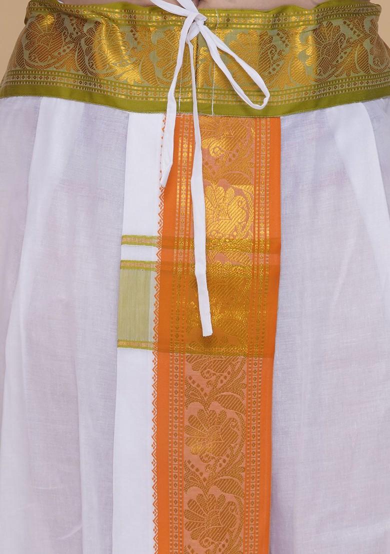 White Cotton Jacquard Border Dhoti For Men - Indya