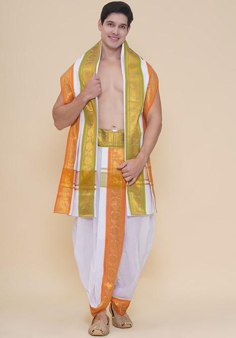 White Cotton Jacquard Border Dhoti For Men