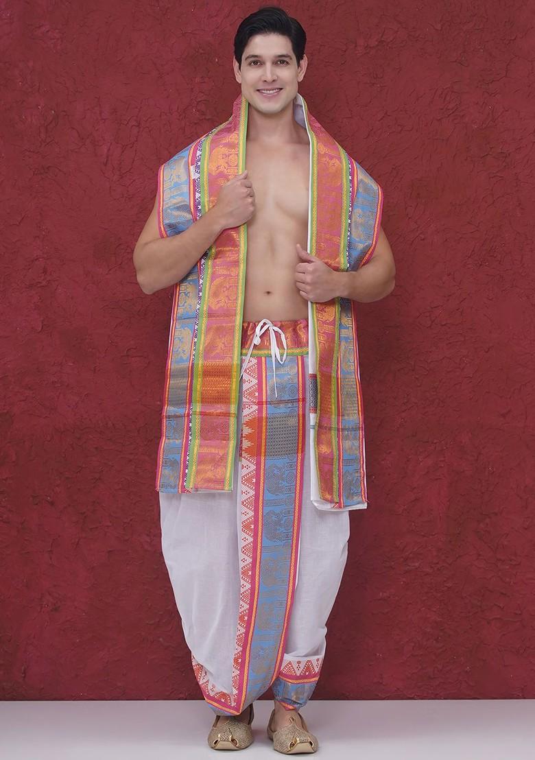 White Jacquard Border Dhotipant For Men - Indya