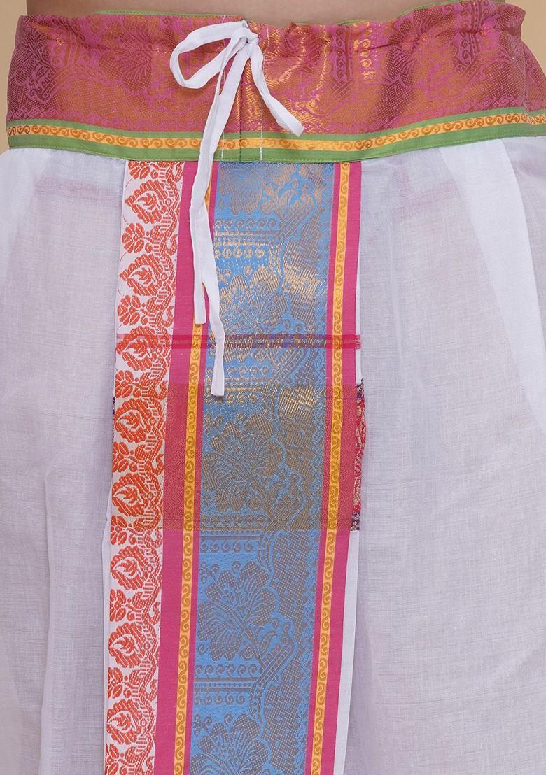 White Cotton Border Dhoti Pant With Thundu For Men